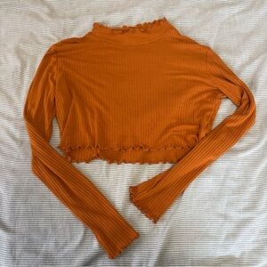 Double Zero Orange Ribbed Long-Sleeve Crop Top